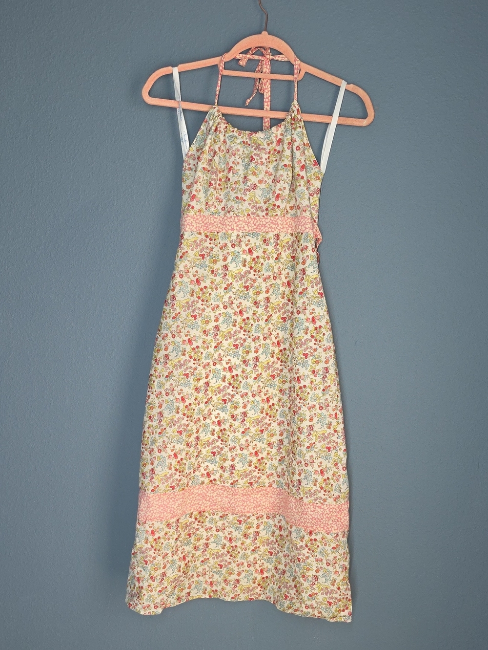Shoshanna Cream Floral Halter Sundress with Pink Trim C44